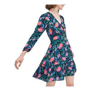 Kate Spade Floral Swirl Dress Size 6 Black Pink Print Ruffle Hem